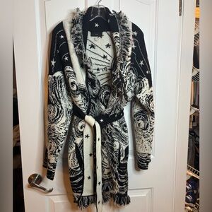 EUC ALANUI Cozy Star & Swirl Fringe Belted Cardigan - Black & Ivory Size S
